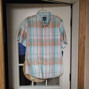 New George Orange Blue Plaid Short Sleeve Button Down Shirt Size Men's XL 46/48